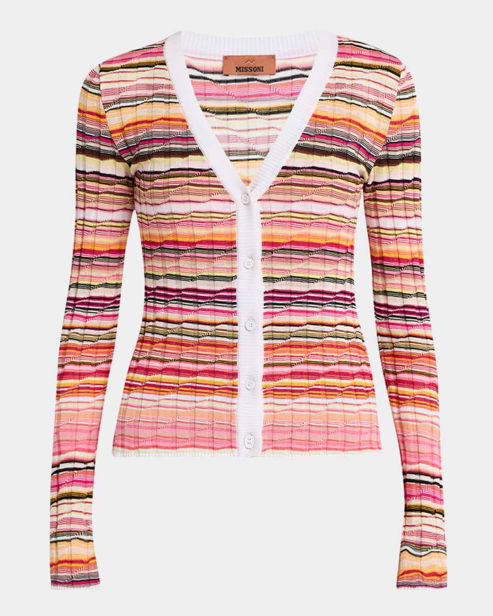 Striped Rib V-Neck Fitted Cardigan